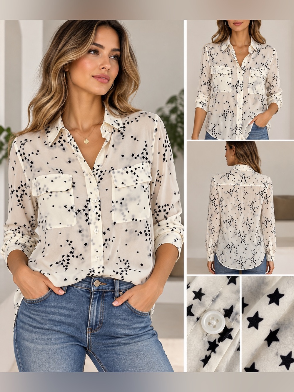 Equipment Femme 100% Silk Celestial Star Print Button Down Blouse Ivory Black S